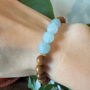 NEW Natural Burmese Icy Jadeite Lotus Bead Bracelet with Kuk Wood Beads
